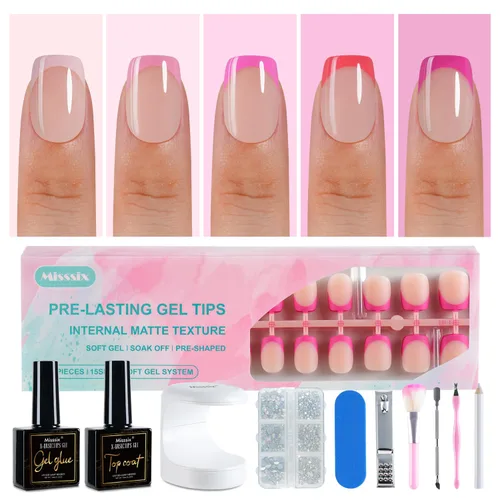 Vista 10 de Misssix Uñas postizas a presión con punta francesa, 150 piezas de puntas de uñas de gel francés, uñas postizas de gel suave de almendra media, kit