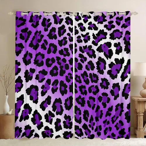 Vista 20 de Feelyou Purple Leopard Print Blackout Curtains Black Wild Safari Darkening Drapes for Bedroom Living Room Decor Cheetah Fur Wildlife Thermal