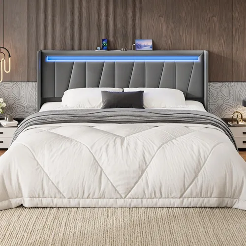 Vista 10 de SHA CERLIN - Base de cama tamaño King con estación de carga y luces LED, cama moderna de plataforma de terciopelo con cabecera tapizada geométrica