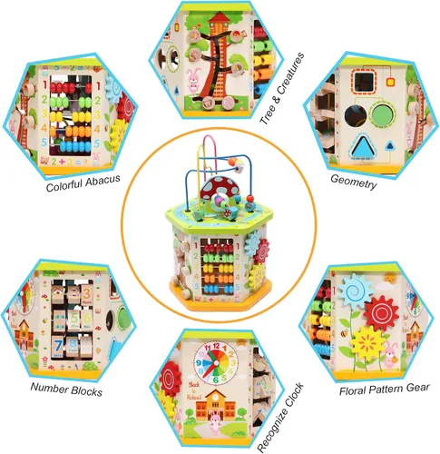 Vista 2 de LAVIEVERT Centro de actividades de cubo de juego de madera 9 en 1, clasificador de formas de laberinto de cuentas multifuncional, juguetes
