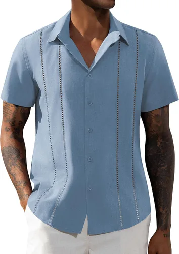 Vista 19 de Camisa de manga corta de lino para hombre de DEMEANOR, camisa guayabera cubana con botones, camisa casual de verano para la playa, la vacación
