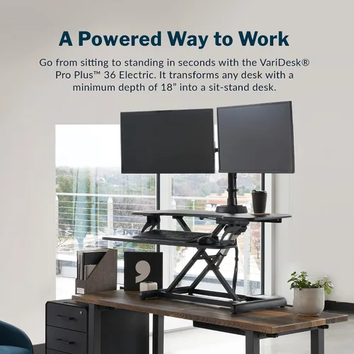 Vista 3 de Vari Varidesk Pro Plus 36 - Convertidor eléctrico de escritorio de pie, 11 ajustes de altura + elevación de resorte, diseño de 2 niveles, bandeja