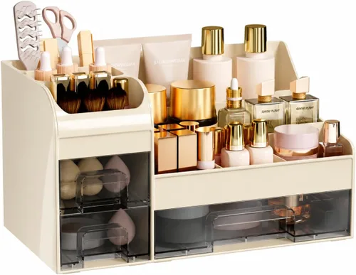 Vista 8 de Organizador de maquillaje extra grande para tocador, organizador de encimera con cajones y soporte para cepillos, organizador de colonia para hombre