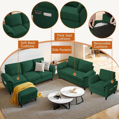 Vista 3 de Juego de sofás modulares de 3 piezas, sofás de 3 plazas en forma de L y sofá biplaza con sillón y otomana de almacenamiento para sala de estar Verde