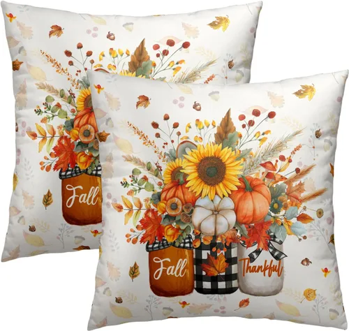 Vista 54 de Giwawa Juego de 2 fundas de almohada de calabaza otoñal de 16 x 16 pulgadas, fundas de cojín de algodón de madera de girasol para sofá, patio