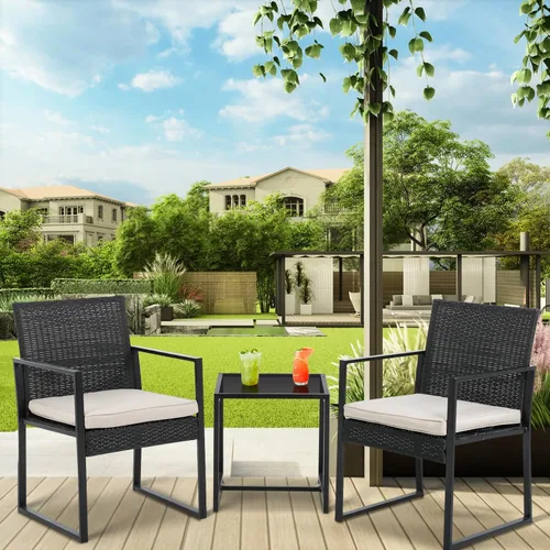 Vista 3 de PayLessHere Juego de muebles de patio al aire libre de 3 piezas Caqui Moderno juego de bistró de ratán con sillas acolchadas y mesa de centro