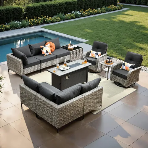 Vista 34 de ovios Muebles de patio de 8 piezas con hoguera, juego de conversación de mimbre de ratán para exteriores con mesa de centro brillante, cómodo sofá