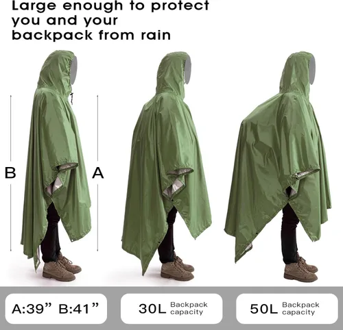 Vista 3 de QIANQUHUI Poncho de lluvia impermeable, ligero, reutilizable, con capucha, chaqueta unisex para senderismo, camping, emergencia