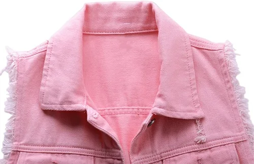 Vista 5 de JiangWu Chaleco de mezclilla para mujer, sin mangas, con botones, rasgado, casual