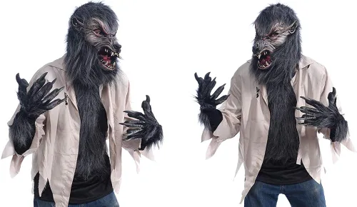 Vista 2 de Moonstruck - Disfraz de hombre lobo con máscara camisa guantes y pies gris