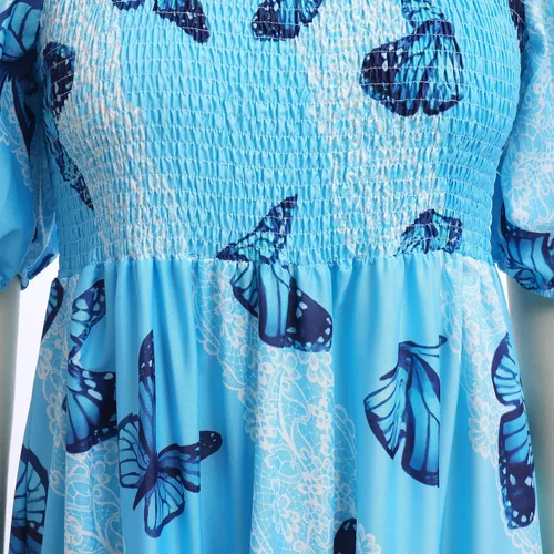 Vista 5 de Vestido largo floral con hombros descubiertos para mujer, estilo bohemio, manga corta, fruncido, fruncido, de verano, casual, para fiesta