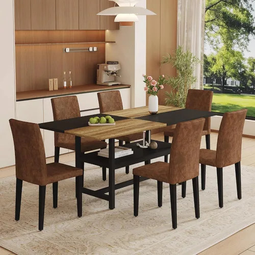 Vista 24 de Juego de mesa de comedor de 71 pulgadas para 6 personas con estante de almacenamiento, juego de mesa de comedor rectangular industrial moderna