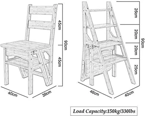Vista 6 de Silla plegable de madera para biblioteca, 2 en 1, taburete multifuncional ligero y portátil, taburete de 4 escalones de doble propósito, soporte