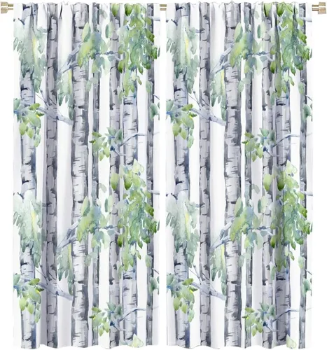 Vista 71 de Cortina opaca de bosque de verano, diseño de ramas de bosque, con bolsillo para barra, cortinas farbic con bolsillo para barra, comedor, cafetería