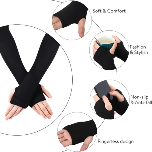 Vista 3 de 6 pares de guantes largos sin dedos para mujer, material de punto, elástico y abrigado, con orificio para el pulgar