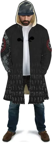Vista 4 de WSXJJ Abrigo con capucha de tatuaje de lobo vikingo Fenrir en 3D, abrigo nórdico de cachemira sintética para hombre, chaqueta de invierno de media