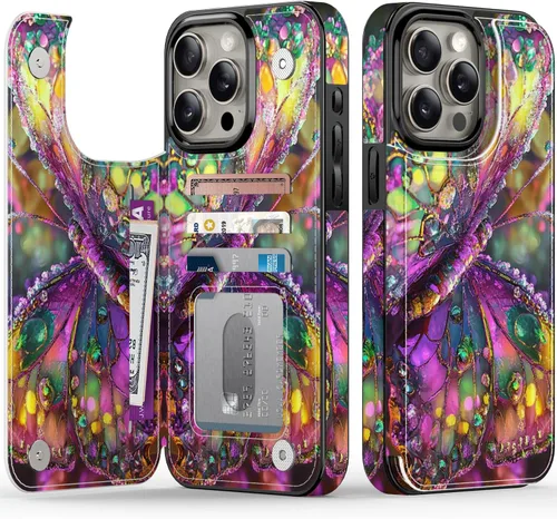 Vista 35 de FUNMIKO Funda tipo cartera para iPhone 13 con tarjetero, bloqueo RFID, protección de grado militar y obras de arte impresas con rayos UV, cierre