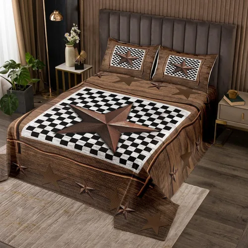 Vista 18 de Colcha acolchada rústica de Texas con estrellas del oeste de Texas para niños y niñas, color azul marino, juego de cubrecama de madera