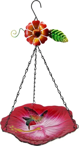 Vista 12 de Baño colgante para pájaros, de cristal al aire libre, comedero para pájaros con patrón de textura azul-naranja para decoración de jardín y patio