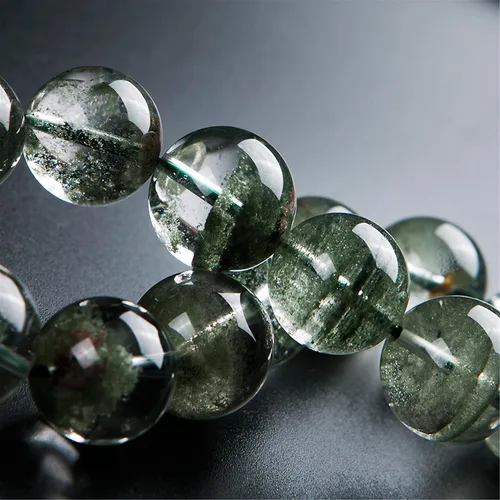 Vista 4 de Natural Green Phantom vidrio de cuarzo ronda Bead Stretch Mens pulsera 16mm