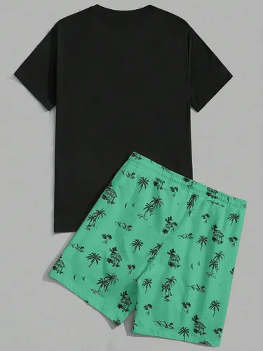 Vista 51 de GORGLITTER Conjunto de 2 piezas de camiseta gráfica de manga corta para hombre, estampado hawaiano con cordón y pantalones cortos