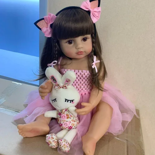 Vista 3 de Zero Pam Muñecas Reborn Baby Girl de pelo largo de 22 pulgadas, muñecas realistas Bebe de silicona de 21.7 in, muñecas Reborn de silicona de cuerpo