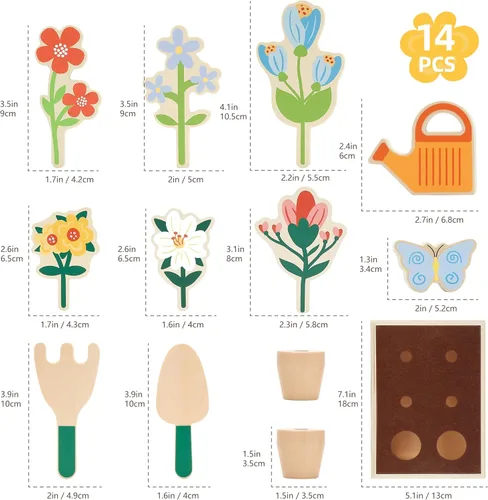 Vista 6 de Juego de herramientas de jardín de flores de madera, caja de jardinería y juego de herramientas de jardín, juguetes Montessori, aprendizaje