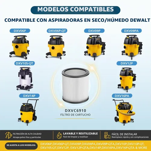 Vista 2 de Reemplazo del filtro de vacío DXVC6910 para DEWALT DXV06P DXV09P DXV10P DXV10PL Paquete de 2 filtros DXVC6910
