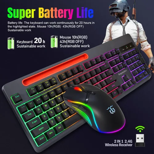 Vista 2 de Snpurdiri - Combo de teclado y mouse inalámbricos para juegos, recargable True RGB True RGB de tamaño completo con soporte para tabletateléfono