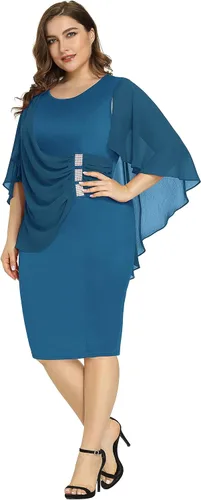 Vista 5 de Hanna Nikole Vestidos de lentejuelas para mujer, de gasa, con volantes, manga de capa, para fiesta, club, cóctel