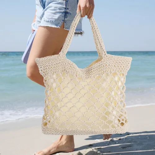 Vista 4 de TENDYCOCO Bolso tejido a mano de paja para el hombro, bolso de playa de verano tejido hecho a mano para mujeres, beige, 11.8 x 9.8 x 3.9 in, Beige