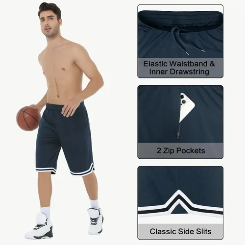 Vista 3 de JIM LEAGUE Pantalones cortos de baloncesto para hombre de 11 pies Pantalones cortos deportivos de malla larga con bolsillos con cremallera
