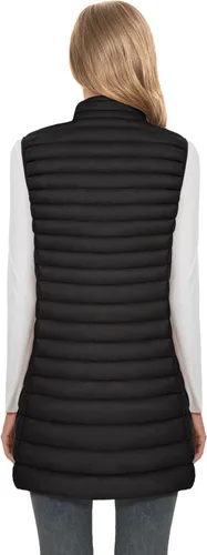 Vista 2 de ELFJOY Chaleco de plumón medio largo para mujer, chaleco acolchado ligero, chaqueta cortavientos elegante
