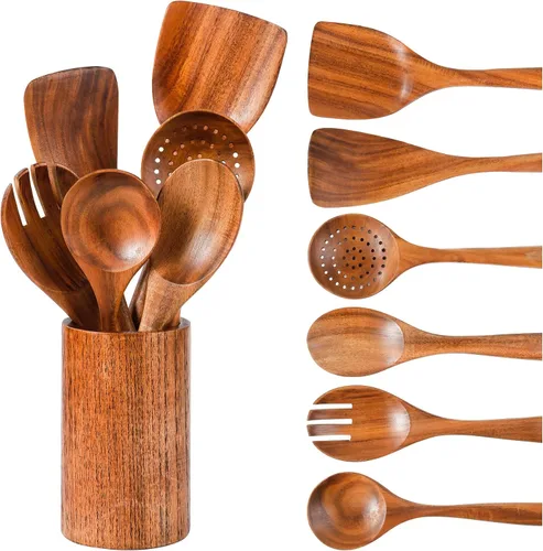 Vista 10 de Cucharón de madera de 3 tamaños, cucharas de madera para cocinar, cucharón de madera para sopa, teca natural, cuchara de madera antiadherente