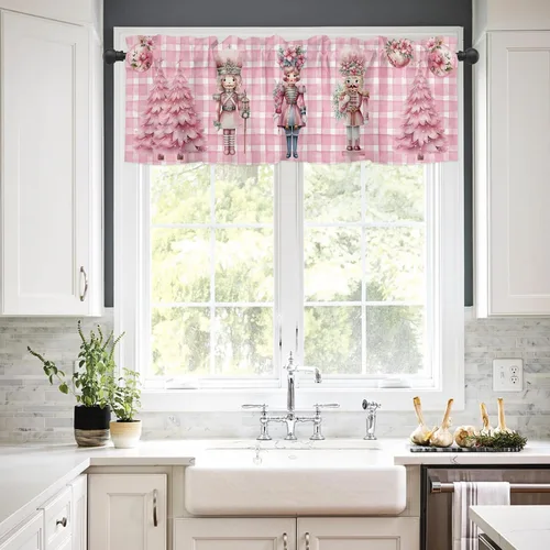 Vista 2 de Faldón de ventana con nueces rosas a cuadros, para cocina y sala de estar, 54" de ancho x 18" de largo
