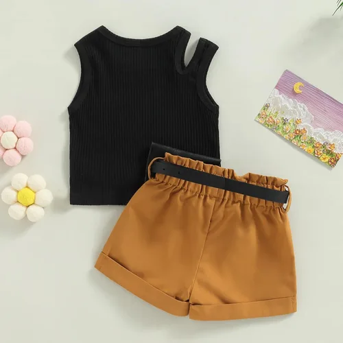 Vista 19 de Adobabirl Conjunto de ropa de verano para niña pequeña, sin mangas, acanalada, top halter y pantalones cortos, ropa de moda para niños con cinturón