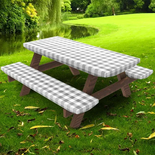 Vista 12 de UMINEUX Funda de mesa de picnic con fundas de banco, ropa de mesa ajustable para mesas rectangulares de 6 pies, respaldo de franela de vinilo