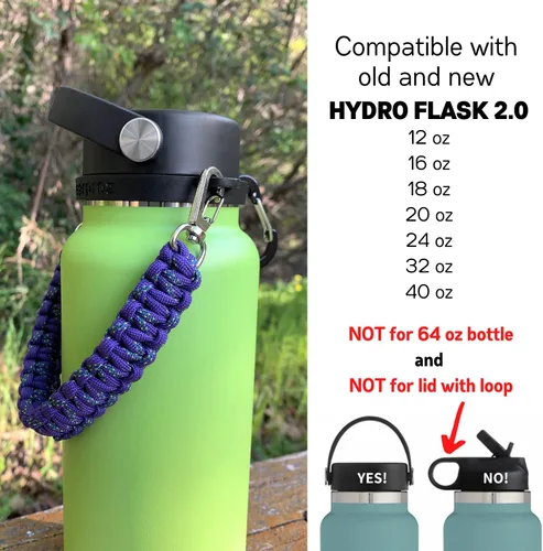 Vista 3 de HydroCord 2.0 - Mango de paracaídas para botellas de 12 a 40 onzas, color negro Anillo de boca ancha y mosquetón, compatible con Hydroflask 1.0