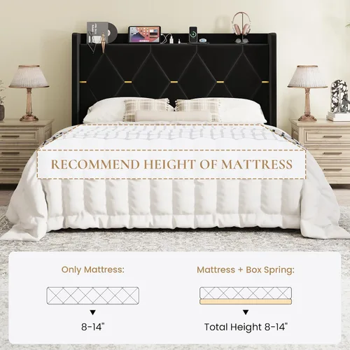 Vista 8 de SHA CERLIN Base de cama tapizada de terciopelo de tamaño matrimonial con estación de carga, moderna cabecera de almacenamiento con respaldo de ala