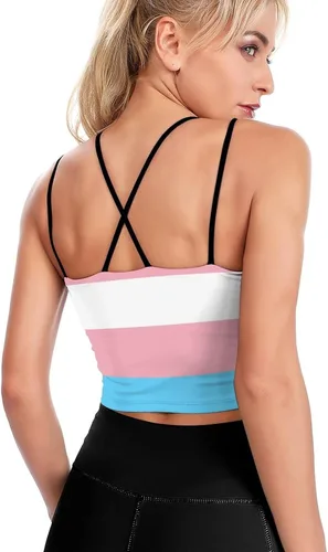 Vista 3 de Camiseta deportiva sin mangas para mujer, diseño de bandera del orgullo transgénero, LGBT, brasier deportivo para entrenamiento, yoga, camiseta