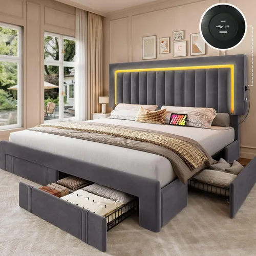 Vista 10 de YITAHOME Base de cama tamaño Queen con cabecera ajustable, 4 cajones de almacenamiento y luces LED RGB, cama de plataforma tapizada de terciopelo