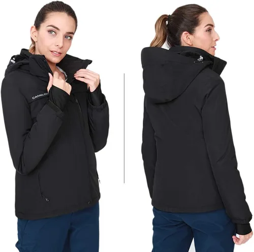 Vista 4 de CAMEL CROWN - Chamarra de esquí para mujer, impermeable, con capucha desmontable, rompevientos, forro polar, parka para lluvia