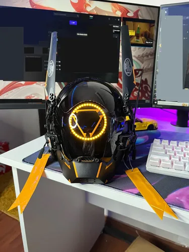 Vista 6 de WHKJSS Techwear - Máscara Cyberpunk para hombre, impermeable, festival de música, Halloween, fiesta, uso de fotografía de video, tira de luz LED