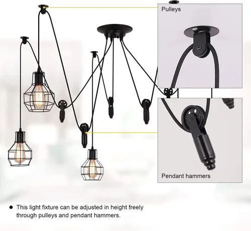 Vista 5 de Iluminación colgante industrial de 5 cabezales, lámpara de techo ajustable de estilo vintage de araña semiempotrada, candelabro rústico Edison