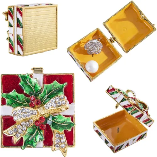 Vista 2 de YU FENG Caja de baratijas de Navidad con moño, decoración de hojas verdes y figura de muñeco de nieve, diamantes de imitación pintados esmaltados