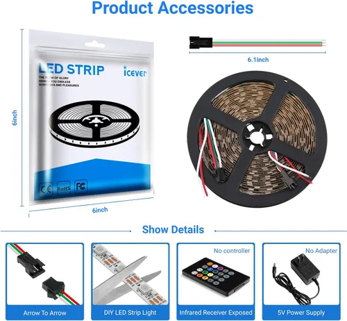 Vista 7 de Tira de luces LED WS2812B de 16.4 pies, 5 V, 150 LED RGB IC 5050SMD direccionables individuales – PCB blanco flexible IP30-30LEDs/m MagicRGB Dream