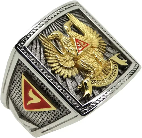 Vista 4 de UNIQABLE KTR023 - Anillo de plata de ley con alas de 32 grados para caballeros masónicos, chapado en oro de 18 quilates