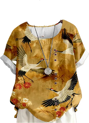 Vista 29 de domirica Flower Bird Printed Loose Boho Shirts Women Plus Size Summer Crew Neck Short Sleeve Blouses Colorido