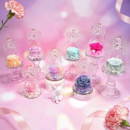 Vista 6 de Sunia Regalos para mamá, regalos de cumpleaños para mujeres, rosas reales preservadas en figura de ángel de cristal, flores eternas para la entrega