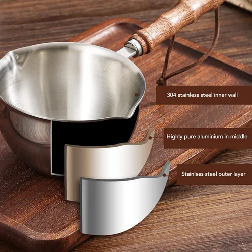 Vista 4 de Calentador de 3 capas de acero inoxidable multiusos para leche de chocolate hirviendo con mango de madera, calentador de leche, mini olla de leche
